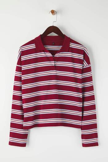 Trendyol Collection Bordowa koszulka polo z oversize'owym krojem i prążkowanym dekoltem TWOAW26TS00020