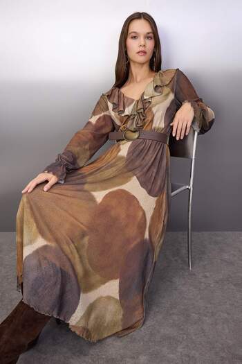 Trendyol Collection Multi-Colored Printed Foam Ruffle Detail Maxi Stretchy Knitted Dress Twoaw26El00249