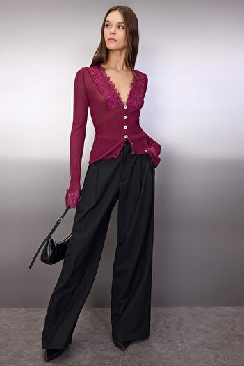 Trendyol Collection Plum Lace Sleeve and Collar Trim Garnish Knitwear Cardigan Twoss25Hi00009
