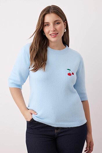 Trendyol Curve Baby Blue Cherry Embroidered Thin Knitwear Sweater Tbbaw26An00007