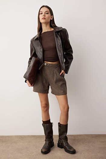 Trendyol Collection Brown Cashew Belt Buckle Shorts & Bermuda Twoaw26Sr00034