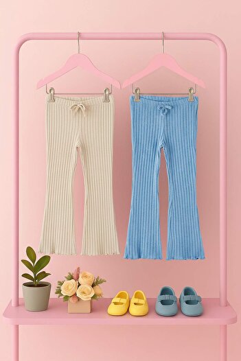 TRENDYOLKIDS Colanți tricotați uni, cu textura moale, 100% bumbac, albastru-bej, 2 piese, pentru fete TKDAW26TA00005