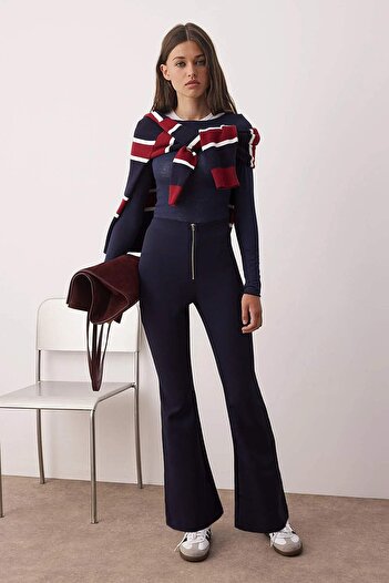 Trendyol Collection Navy Blue Flare Zipper Detail Bootcut Pants Twoaw26Pl00049
