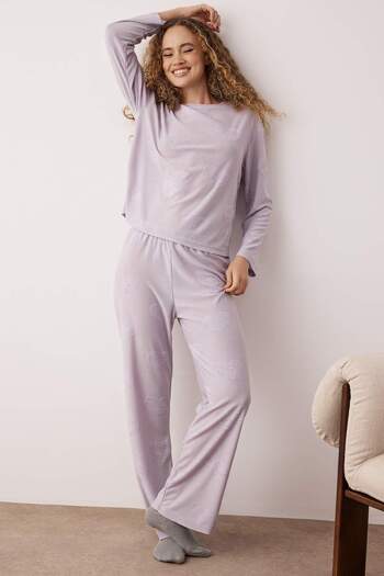 Trendyol Collection Lilac Heart 30/1 Openend Knitted Pajamas Set Thmaw25Pt00086