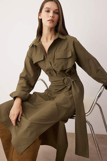 Trendyol Collection Khaki Belted A- Cut Midi Woven Dress Twoaw26El00176