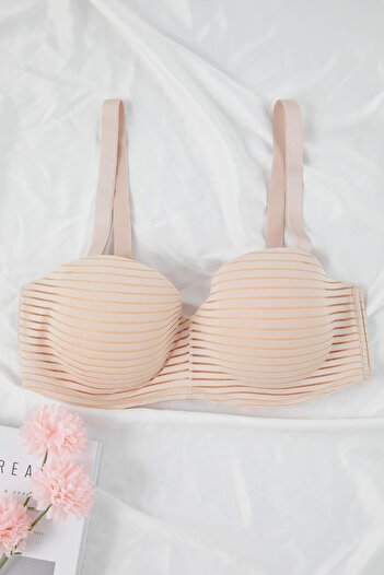Trendyol Curve Beige Striped Covered Plus Size Bra Tbbaw26Cw00004