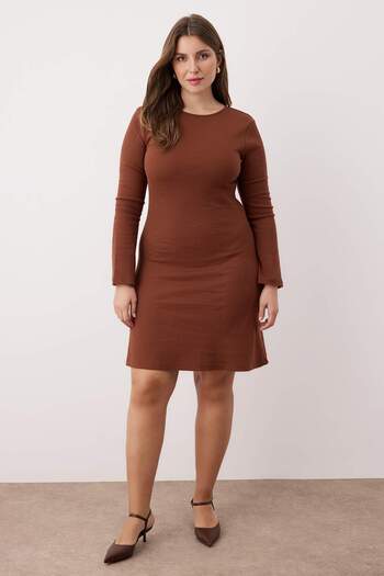 Trendyol Curve Brown A-Line Mini Knitted Plus Size Dress with Tie-Up Detail at the Back Tbbaw26Ah00025