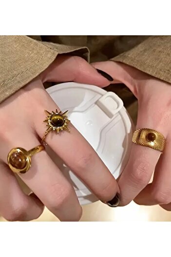 FloresDeCarnaval Golden Aura - Vintage 3-Piece Zircon Stone Ring Set