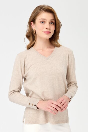 Desen Triko Women's V-Neck Sleeves Buttoned Glitter Blouse Beige