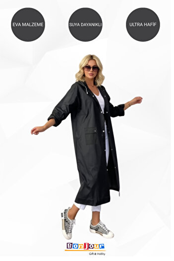 Bonjour Gift & Hobby Unisex Eva Raincoat with Pockets, Snap Fasteners, Hooded Windproof and Rainproof