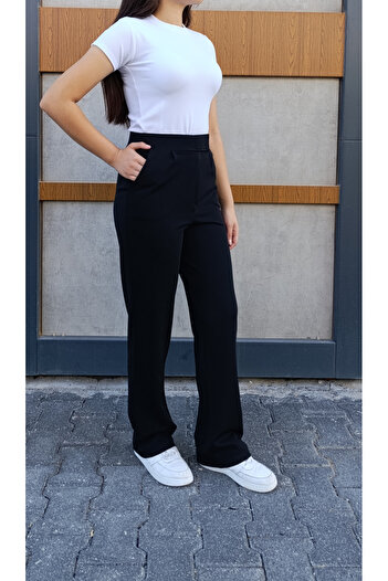 siyalife High Waist Velcro Wide Leg Black Palazzo Pants with Pockets