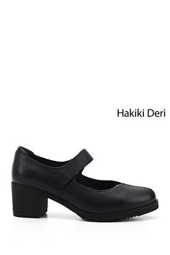 GÖNDERİ(R) Women's Navy Blue Antique Medium Thick Heeled Genuine Leather Shoes