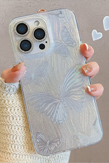 Fibaks Iphone 13/14/15 case holographic silver glitter butterfly pattern shock absorbing camera protected silicone