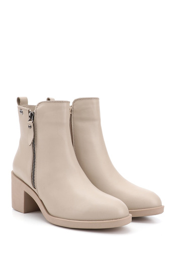 GÖNDERİ(R) Women/Girls Beige Zippered Thick Heeled Genuine Leather Boots