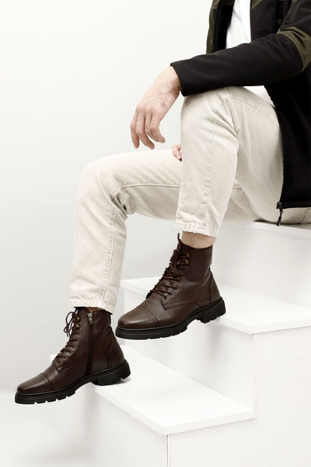 GÖNDERİ(R) Dark Brown Floater Gön Genuine Leather Zippered Lace-Up Men's Boots 81501