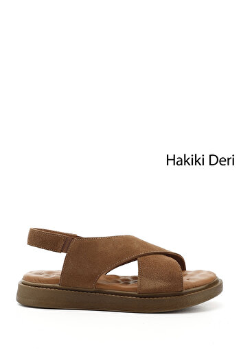 GÖNDERİ(R) Women / Girls Tan Suede Cross Strap Wedge Sole Genuine Leather Comfort Sandals