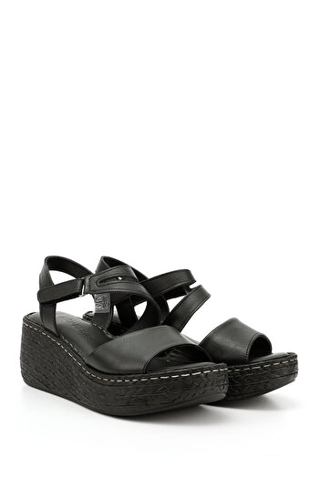 GÖNDERİ(R) Women / Girls Black Velcro Strap Wedge Sole Genuine Leather Sandals