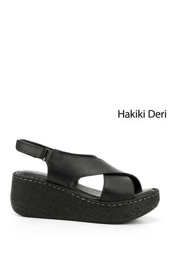 GÖNDERİ(R) Women / Girls Black Velcro Strap Wedge Sole Genuine Leather Sandals