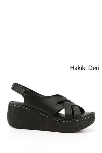 GÖNDERİ(R) Women / Girls Black Velcro Strap Genuine Leather Wedge Sandals
