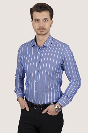 Etikmen Mavi Beyaz Çizgili Slimfit Erkek Gömlek