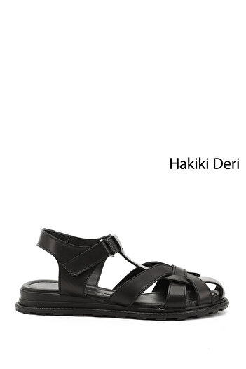 GÖNDERİ(R) Women / Girls Black Velcro Strap Closed Toe Genuine Leather Sandals