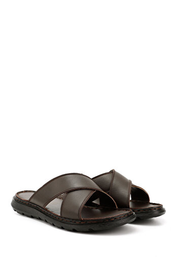 GÖNDERİ(R) Men's Brown Cross-Strapped Genuine Leather Slippers