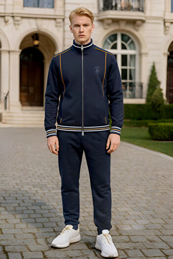 BESSA Navy Blue Stand Collar Tracksuit Set 2 Thread Fabric Zipper Pocket Straight Leg Men's