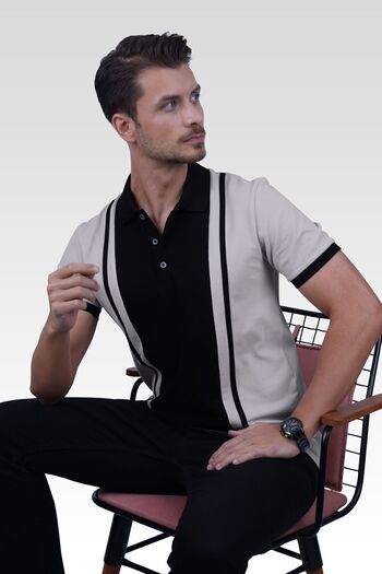 Etikmen Γκρι Μαύρο Διπλό Ανδρικό T-Shirt Polo Neck