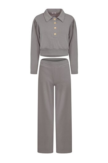 La Sarta Bella Padded Gold Buttoned Dark Gray Tracksuit Set