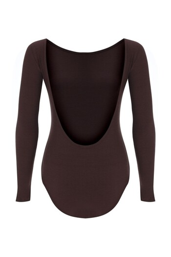 La Sarta Long Sleeve Low-Cut Back Snap Fastener Brown Bodysuit