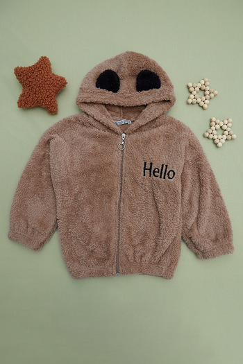 Fulla Moda Hello Embroidered Zippered Unisex Plush Coat