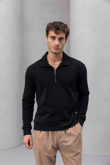 Valiberta Eric Relax Fit Half Zip Polo Neck Thessaloniki Fabric Men's Sweatshirt - Black