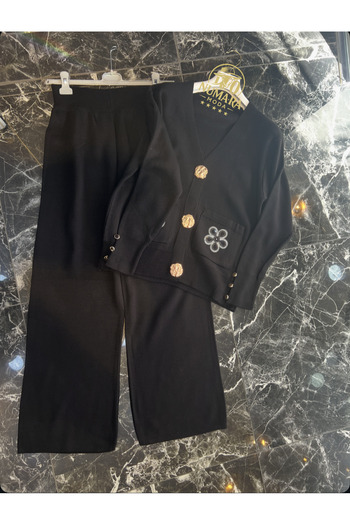 MY QILAM Women's Hijab Set Floral Embroidered Gold Button Knitwear Bottom and Top Set Black
