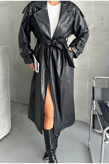 MEECY Women's Belted Long Leather Coat