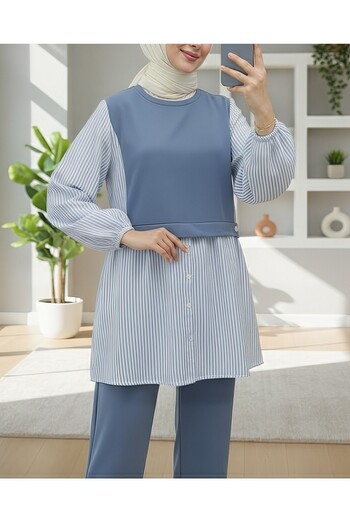 Modamorfo Combed Cotton Suit with Elastic Sleeves and Striped Shirt Detail - Blue