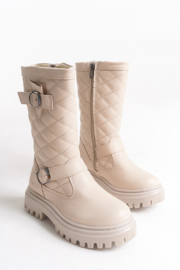 Moda Lime Girl's Long Quilted Zippered Buckle Detail Waterproof Thick Flexible Comfortable Sole Winter Boots