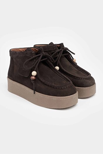 NİŞANTAŞI SHOES Γυναικείες μπότες Jayla Brown από γνήσιο δέρμα σουέτ με λεπτομέρεια με κορδόνια με χοντρή σόλα
