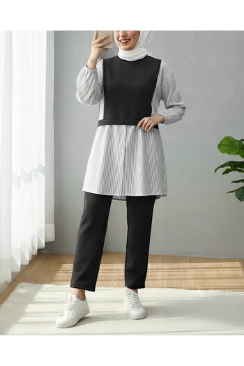 Modamorfo Combed Cotton Suit with Elastic Sleeves and Striped Shirt Detail - Black