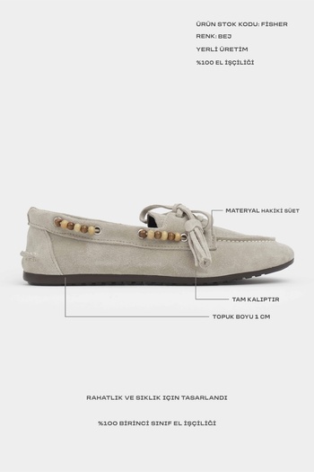 NİŞANTAŞI SHOES Fisher Бежеві справжні замшеві туфлі на плоскій підошві з бісерними деталями для жінок