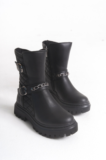 Moda Lime Girl's Quilted Zippered Chain and Buckle Detailed Waterproof Flexible Comfortable Sole Winter Boots