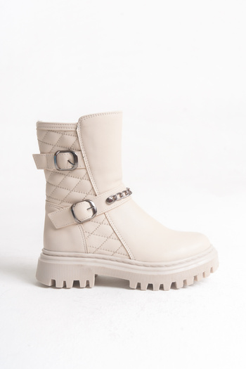 Moda Lime Girl's Quilted Zippered Chain and Buckle Detailed Waterproof Flexible Comfortable Sole Winter Boots