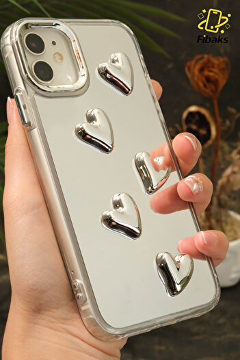 Fibaks iPhone 11 Compatible Case Mirrored Silver 3D Heart Pattern Shock Absorbing Silicone Cover