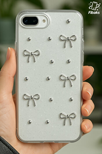 Fibaks Apple iPhone 7 / 8 Plus Case Bow Pattern Transparent Glitter Silver Camera Protruding Glossy Cover