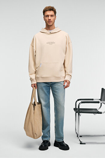 GRIMELANGE Clay Men's 100% Cotton Hooded Snap Fastener Printed Pocket Ornamental Label Cream Sweatshirt