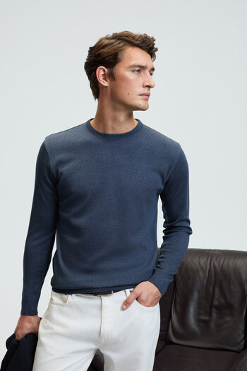 GRIMELANGE Varex Men's Round Neck Basic Regular Fit Knitwear Blue Sweater