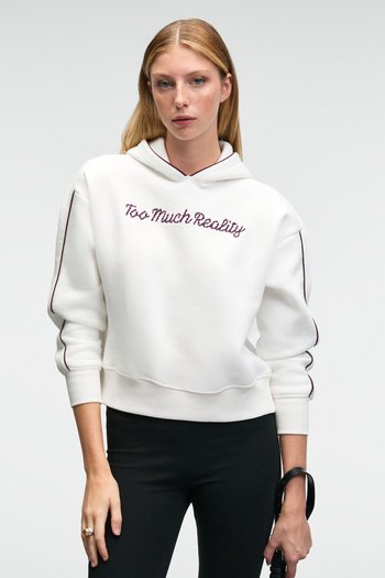 GRIMELANGE Virethia Women's Relaxed White Sweatshirt with Interlayer Print and Embroidery Detail