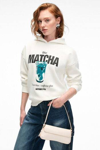 GRIMELANGE Yanmesa Women's Oversize Print and Embroidery Detailed Long Sleeve Hooded White Sweatshirt