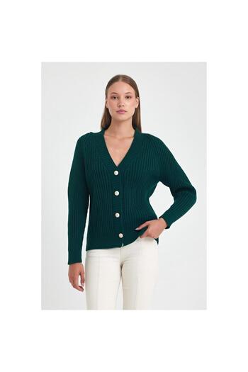 Dagü Design Women's Ribbed Buttoned Green Knit Cardigan