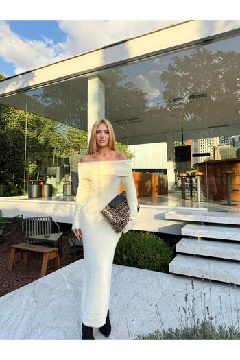 Angel Mia Yumoş Madonna Yaka Triko Elbise Vanilya