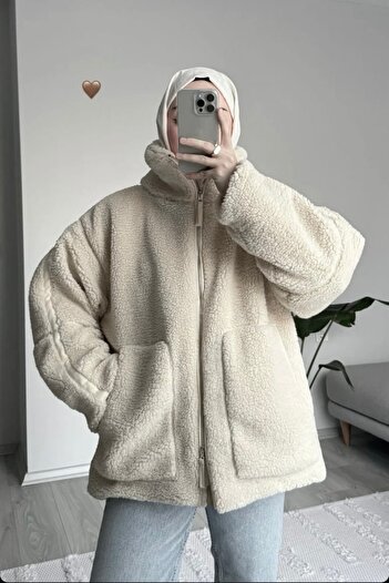 Moderk HM Bol Kesim Oversize Peluş Ceket Mont Kadın Uzun Tesettür Uygun
